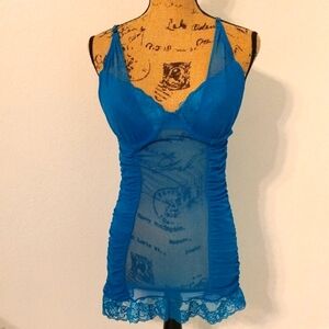 Native Blue Chemise with Lace Trim Polyester And Spandex